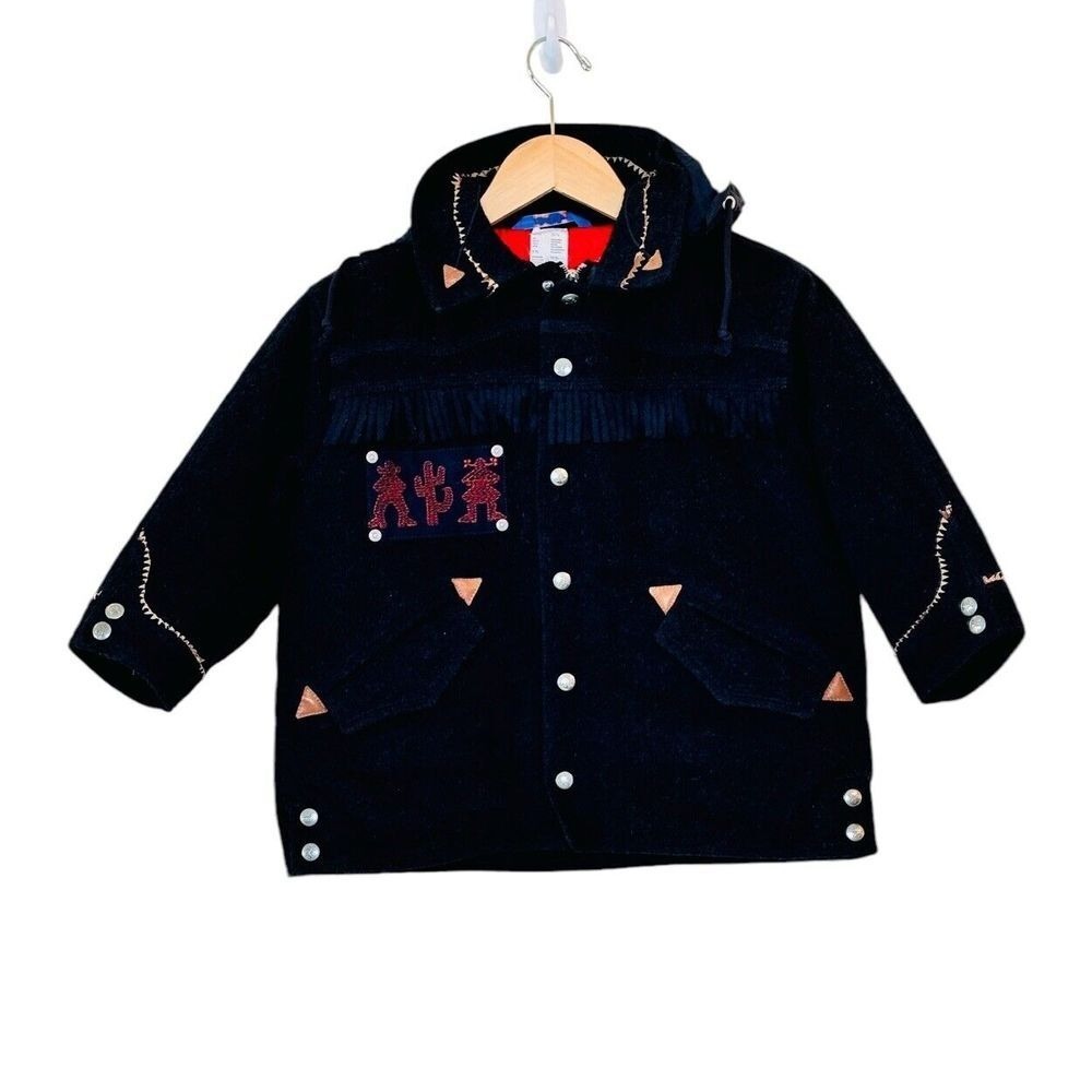 Oilily‎ Girls Kids Boho Embroidered Fringe Coat Size 116/6 Navy Wool Blend Warm